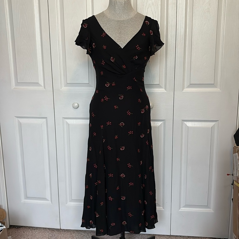 100% silk Philip Dicaprio vintage 90s Y2K embroidered floral dress black pink 6